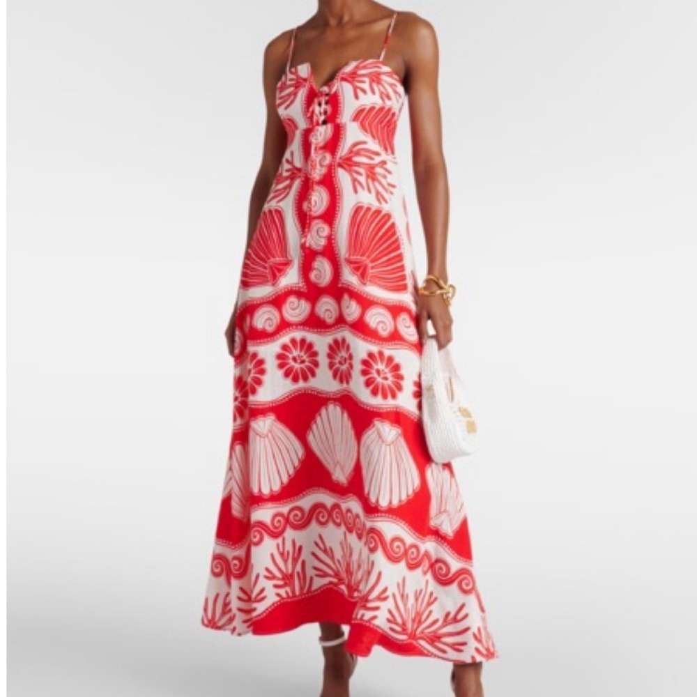 Farm Rio Ainika Shell White Maxi Dress Red Nautical Print XS linen viscose - Picture 1 of 15